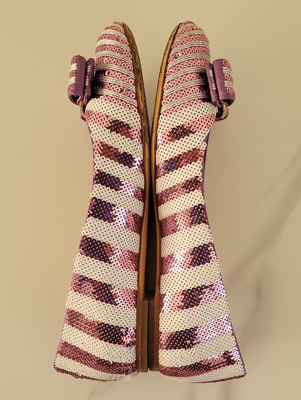 Salvatore Ferragamo Pink & White Sequined Bow Ballet Flats - Picture 7 of 16